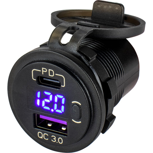 Sea-Dog Round USB  USB-C Power Socket w/Hidden Voltmeter